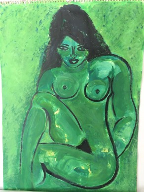 Grüne Frau auf grüngelbem Hintergrund, Acryl auf Papier, 2016, 69 x 50 cm